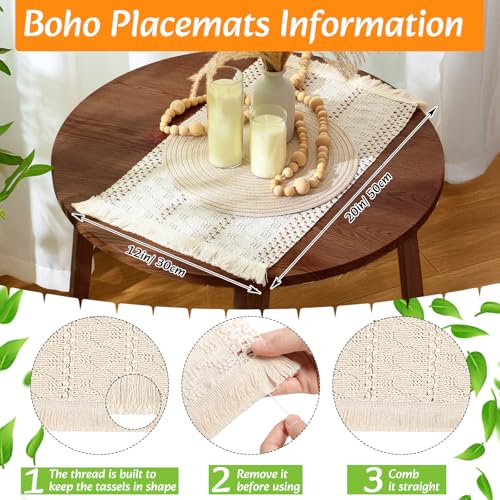 6 Sets Boho Round & Rectangular Woven Placemats Table Decor with Napkins & Rings - Farmhouse Style