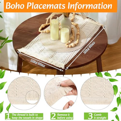6 Sets Boho Round & Rectangular Woven Placemats Table Decor with Napkins & Rings - Farmhouse Style