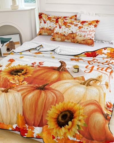 Orange Thanksgiving Twin XL Quilt Set with Pumpkins and Maple Leaves - All Season Bedding with Pillowcases