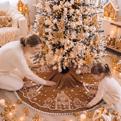 48 Inch Christmas Gingerbread Tree Skirt Velvet with White Pom Poms