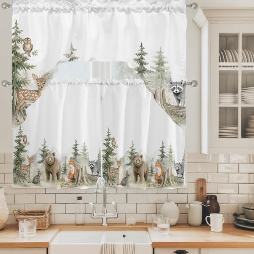 Forest Green Bear Deer Fox Rabbit 3-Piece Swag Kitchen Curtain Set - Rustic Animal Window Valances & Tiers