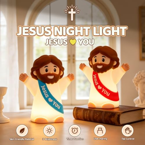 Rechargeable Silicone Jesus Night Light for Kids - Blue Jesus Lamp with Touch Control