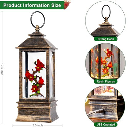 Christmas Snow Globe Lantern with Music & Timer - Cardinal Red, 10.4''