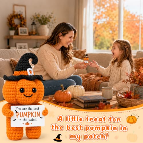 Halloween Pumpkin Basket Stuffers with Handmade Crochet Witch Hat for Fall Gifts