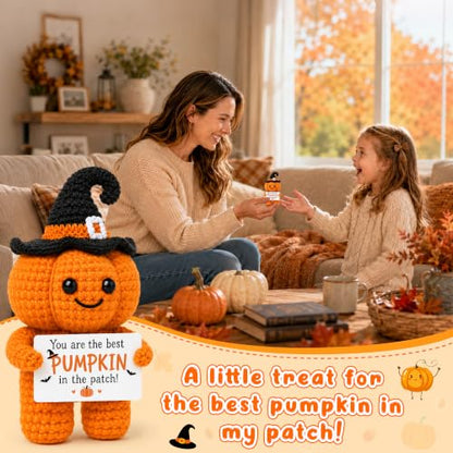 Halloween Pumpkin Basket Stuffers with Handmade Crochet Witch Hat for Fall Gifts