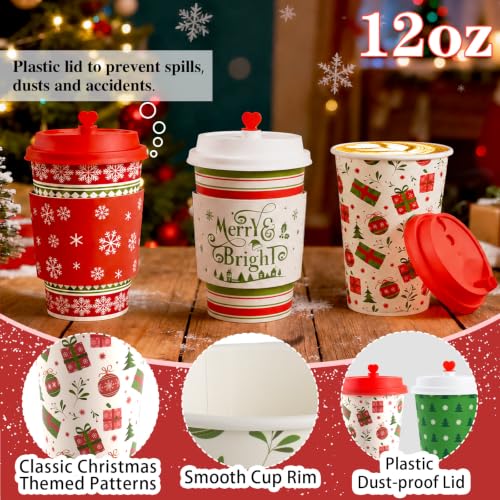 Red Green Christmas Hot Coffee Cups with Lids and Sleeves - 50 Pack, 12oz