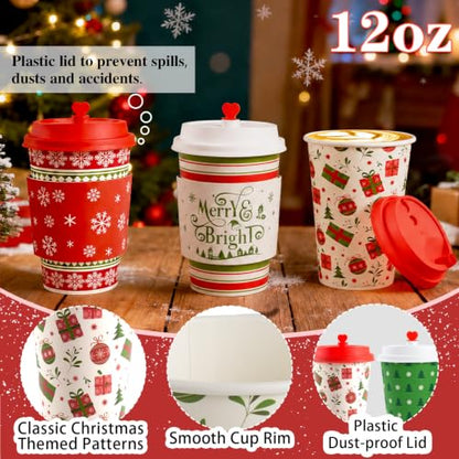 Red Green Christmas Hot Coffee Cups with Lids and Sleeves - 50 Pack, 12oz