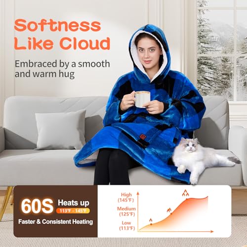 Heated Hoodie Blanket for Women Black-Blue USB Wearable Heated Blanket with 3 Levels