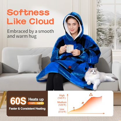Heated Hoodie Blanket for Women Black-Blue USB Wearable Heated Blanket with 3 Levels