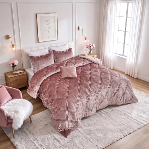 Queen Velvet Comforter Set with Diamond Quilting & Decorative Pillow - Blush