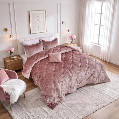 Queen Velvet Comforter Set with Diamond Quilting & Decorative Pillow - Blush