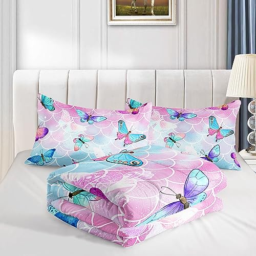 Datura home Kids Comforter Set Mermaid Scale Butterfly Printed Pattern Bedding Set with 1 Comforter and 2 Pillowcases for Girls Boys Bedroom All Season(Mermaid Full)