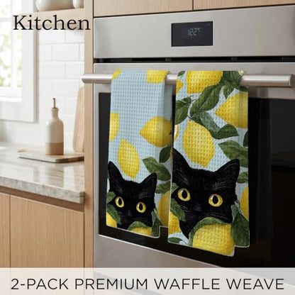 Black Cat Kitchen Towel Set - Decorative Lemon Pattern, 16x24 Inches