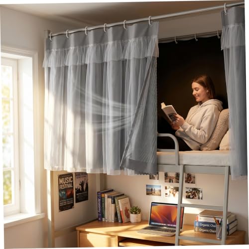 Gray Blackout Bunk Bed Curtains with Lace Trim for Privacy & Dorm Room