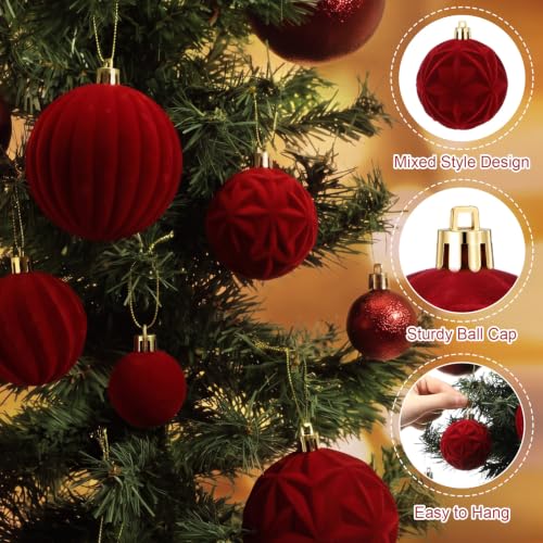 52 Pcs Velvet Christmas Ball Ornaments Set - Burgundy Flocked Holiday Decorations