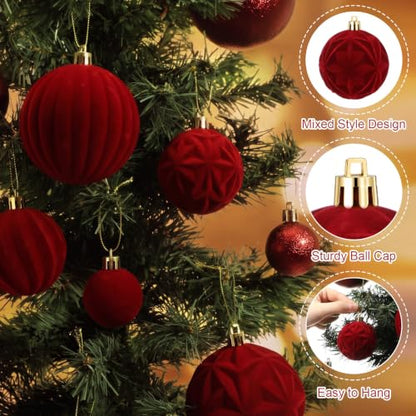 52 Pcs Velvet Christmas Ball Ornaments Set - Burgundy Flocked Holiday Decorations