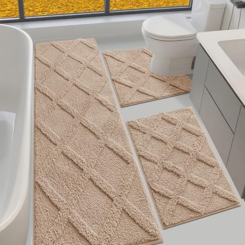 Bathroom Rugs Set 3 Piece Non-Slip Microfiber Bath Mat - Brown, 24x17 + 48x20 + U Shape 24x20