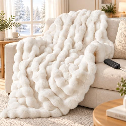 Garvee Bubble White Faux Fur Heated Throw Blanket 50x60 inches with 10 Heat Settings