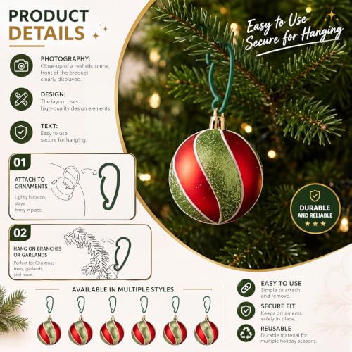 Christmas Ornament Hooks Set, Green Plastic, 100 Pieces for Tree Decoration