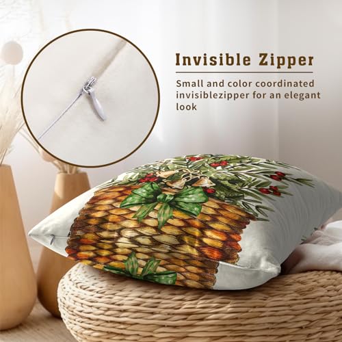 Winter Botanical Throw Pillow Covers 16x16 Inch Set of 2 Pine Branches Red Berries Basket