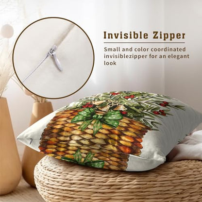 Winter Botanical Throw Pillow Covers 16x16 Inch Set of 2 Pine Branches Red Berries Basket