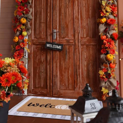 Fall Welcome Doormat Set with Pumpkin & Striped Runner, Outdoor Indoor Decor