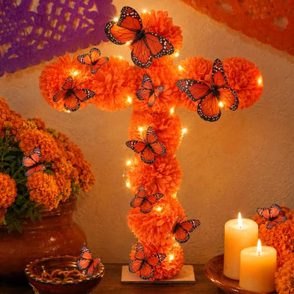 Day of the Dead Marigold Cross Decoration with Butterflies and String Lights