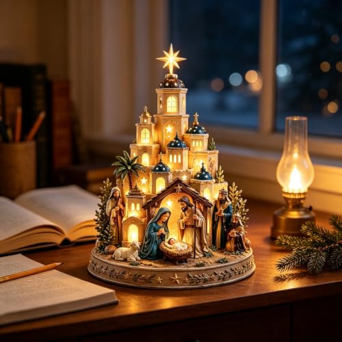 Blue Bethlehem Nativity Church Light Tower with Figurines - Christmas Scene Religious Decor