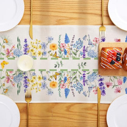 Spring Floral Linen Table Runner - Calendula & Lavender Farmhouse Decor, 13x72 Inch - Spring Home & Party Decoration - Variation of SpringB / 13x72 Inch