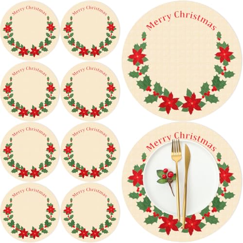 Set of 8 Christmas Poinsettia Round Placemat Protectors - Red & Green Embroidered Table Mats