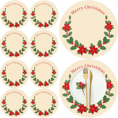 Set of 8 Christmas Poinsettia Round Placemat Protectors - Red & Green Embroidered Table Mats