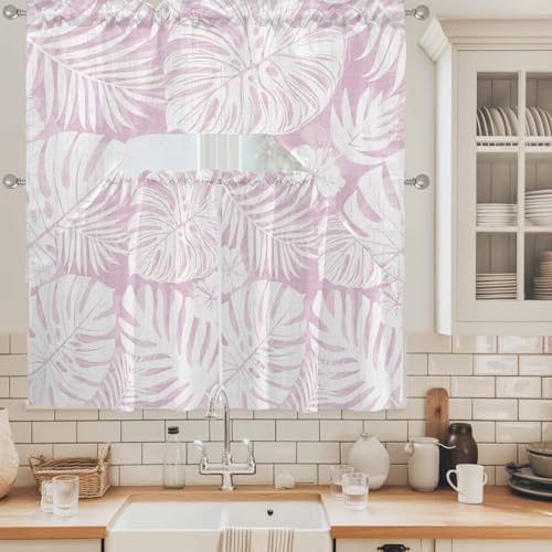 Pink Palm Leaves Swag Curtain Set 3 Pieces with Cherry Blossom Pink Variation
