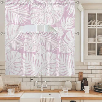 Pink Palm Leaves Swag Curtain Set 3 Pieces with Cherry Blossom Pink Variation