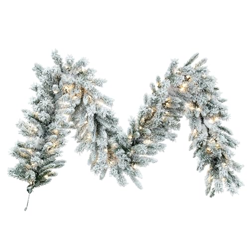 White 9ft x 14in Flocked Artificial Christmas Garland with Pre-Lit Warm White LED Lights
