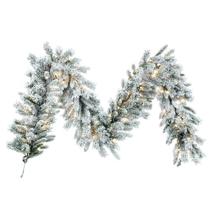 White 9ft x 14in Flocked Artificial Christmas Garland with Pre-Lit Warm White LED Lights