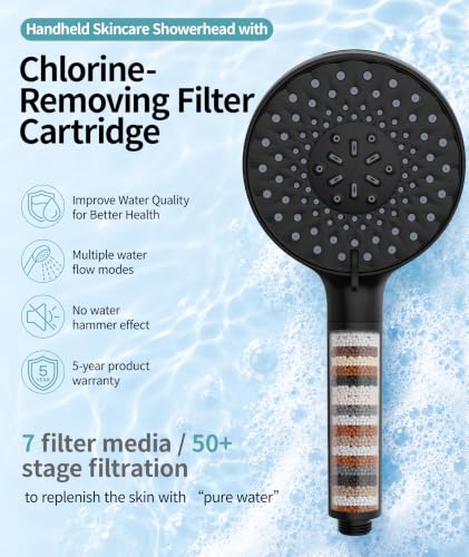 Filtered Handheld Shower Head with 9 Spray Modes and Water Softener Beads - Black / 1.8GPM + 1 Filter
