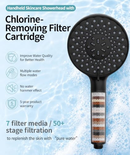 Filtered Handheld Shower Head with 9 Spray Modes and Water Softener Beads - Black / 1.8GPM + 1 Filter