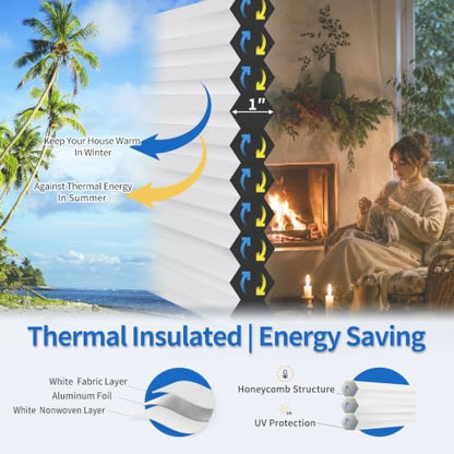 No Drill Cellular Blackout Shades 27 x 48 Inches - White, Cordless, Insulated