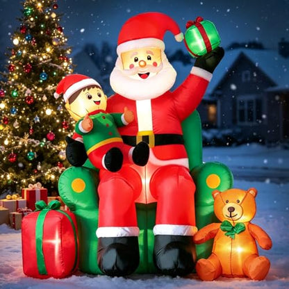 DomKom 6FT Large Horizontal Christmas Inflatable Santa on Throne with Lights