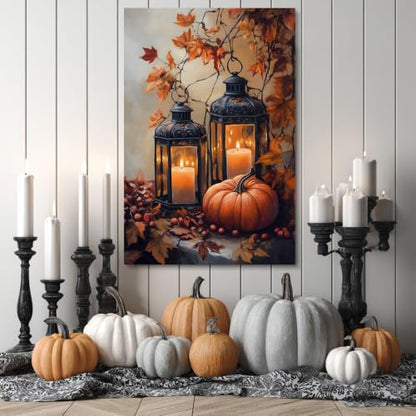 Fall Pumpkin Canvas Wall Art with Lanterns & Maple Leaves - 24x16 Inches - Rustic Autumn Decor