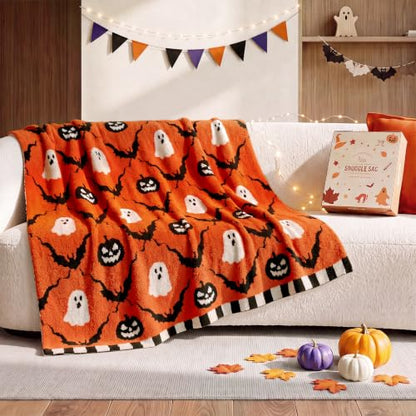 Halloween Orange Pumpkin Bat Plaid Throw Blanket - 50x60 Inches, Ultra Soft & Cozy