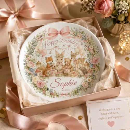 Personalized Girl Happy Birthday Plate with Woodland Animal Design - Custom Name Ceramic Keepsake