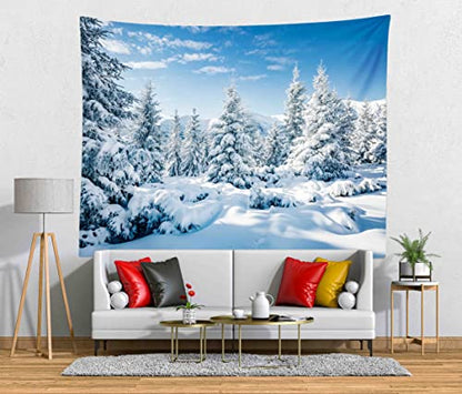 Winter Snow Forest Tapestry - 236 x 118 inches Snowy Mountain Landscape Wall Hanging for Home Decor