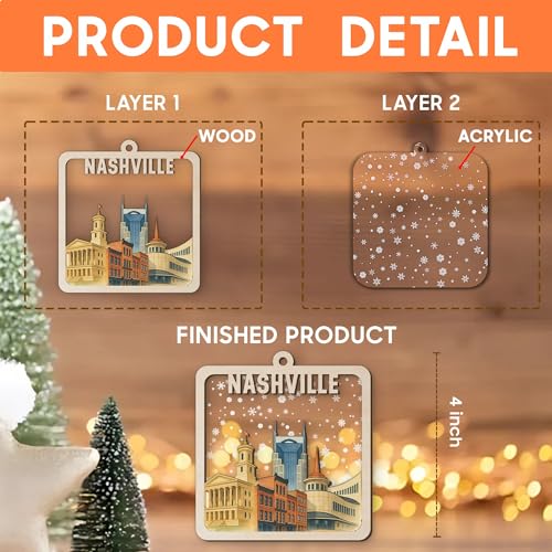 Wooden Christmas Ornament with Skyline and Snow Scene - Holiday Decor