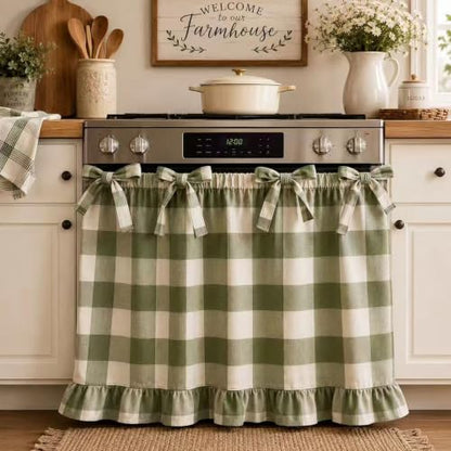 Farmhouse Sage Green Oven Skirt Curtain with Tied Bows - Coarse Check Pattern