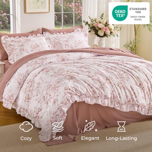 Pink Floral Twin Comforter Set with Ruffle Bedding - 7 Pieces