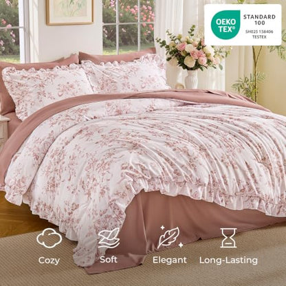 Pink Floral Twin Comforter Set with Ruffle Bedding - 7 Pieces