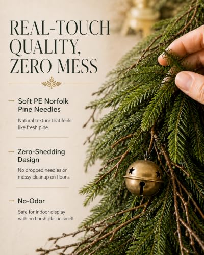 9 Ft Norfolk Pine Christmas Garland with 23 Bells - Real Touch Greenery