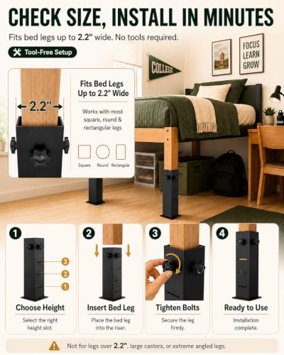 3-Level Adjustable Metal Bed Risers for Dorm Beds - 2.4 Inch Diameter