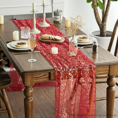 28x120 Inch Red Gold Gauze Table Runner 6 Pack Glitter Metallic Decor